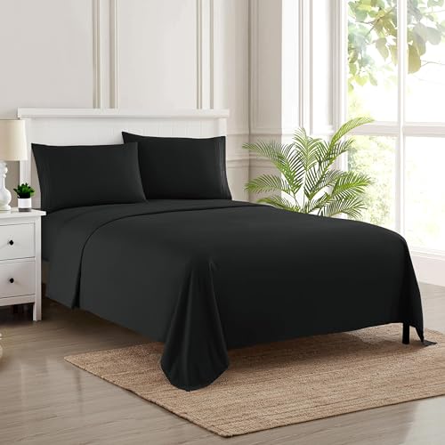 Queen Size Bed Sheets - Breathable Luxury Sheets with Full Elastic & Secure Corner Straps Built In - 1800 Supreme Collection Extra Soft Deep Pocket Bedding Set, Sheet Set, Queen, Black