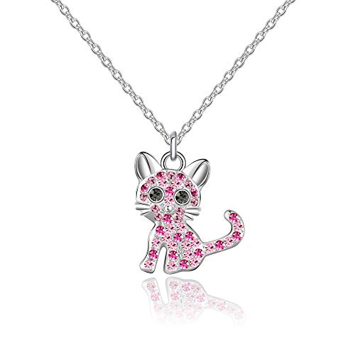 luomart Girls Cat Birthstone Necklaces Jewelry,Silver Plated Kitty Dog Pendant Gifts Set for Women Boys Men (Girls Pink)