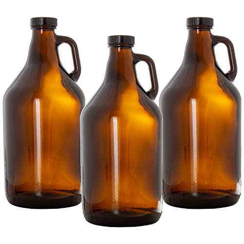 Ilyapa Amber Growlers for Beer, Beer Growler 3 Pack - 64 oz Half Gallon Glass Jug Set with Lids - Great for Home Brewing, Kombucha, Cider & More