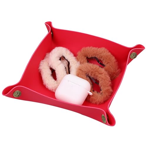 K Key Valet Tray Leather Jewelry Storage Tray Tabletop Holder Box Leather Snap Tray Sundries Box for Dice Phone Sunglasses(Red)