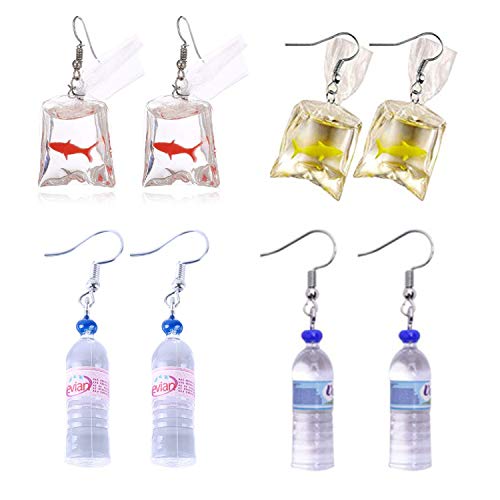 PPX 4 Pairs Funny Acrylic Goldfish and Water Bottle Pendant Earrings, Water Bag Shape Dangle Hook Earrings for Girls Women Bohemian Creative Unique