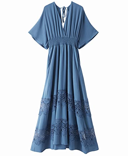 Olaesa Women's Lace Maxi Dress Short Sleeve V Neck Party Dress Smocked Waist Boho Maxi Dress Bohemian Dress for Women Blue