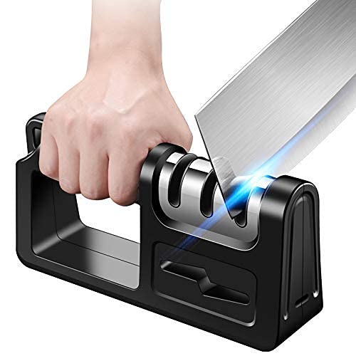 QYQOQU Kitchen Knife Sharpener and Scissor Sharpeners, 4-in-1 Hunting Outdoor Knife Sharpener, Safely Sharpen Knives with Diamond, Ceramic,Tungsten for Knife and Scissors Black