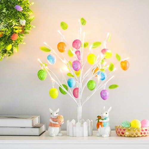Yumhum 24' Pre-lit Lighted Easter Egg Tree with 18 Hanging Easter Egg Ornaments 28 LED Light Indoor Battery Operated Timer Function Table Decor for Home Party Holiday Spring Decoration Easter Party