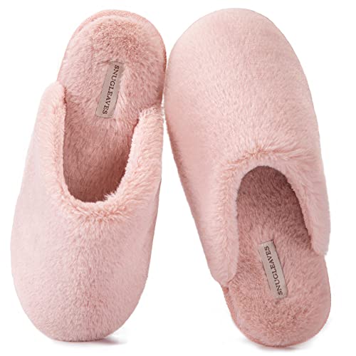 Snug Leaves Women's Fuzzy House Memory Foam Slippers Cute Furry Pink Print Faux Fur Lined Closed Toe Indoor Slides Bedroom Slip On Shoes with Soft Rubber Sole (Pink, Size 9-10)