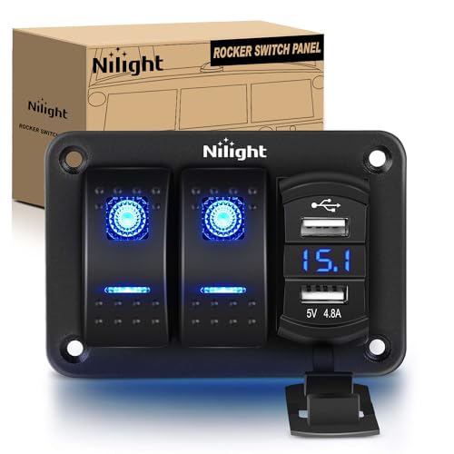 Nilight - 90116C 2 Gang Rocker Switch Panel with 4.8 Amp Dual USB Charger Voltmeter Waterproof 12V-24V DC Rocker Switch with Night Glow Stickers for CarsTrucks Boats RVs,Blue