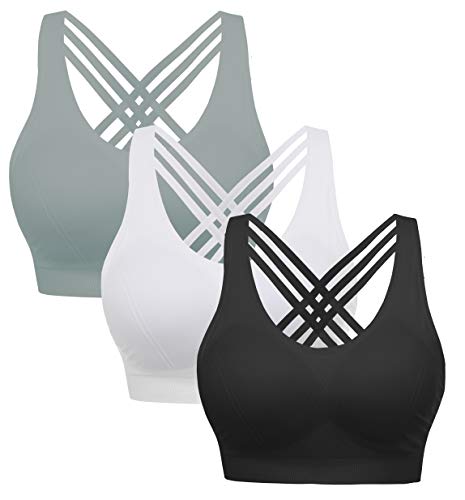 AKAMC Women's Removable Padded Sports Bras Medium Support Workout Yoga Bra 3 Pack,Grey/White/Black,XXX-Large