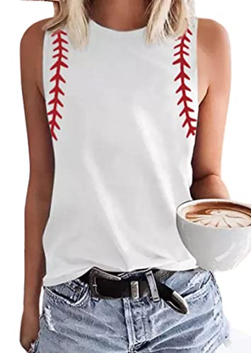 MHTOR Baseball O-Neck Tank Women Print Baseball Tanks Cute Workout Graphic Casual Summer Sleeveless Vest Top(Medium, White)