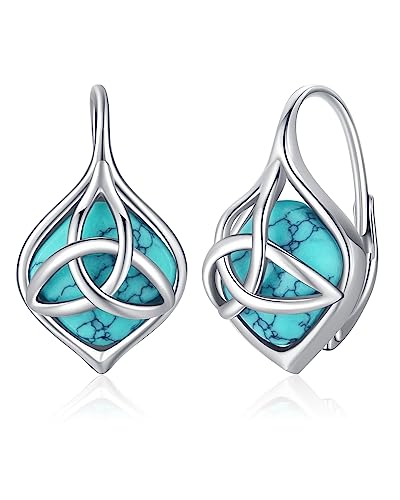 BDL Celtic Knot Genuine Turquoise Leverback Earrings Sterling Silver Dangle Drop Jewelry for Women