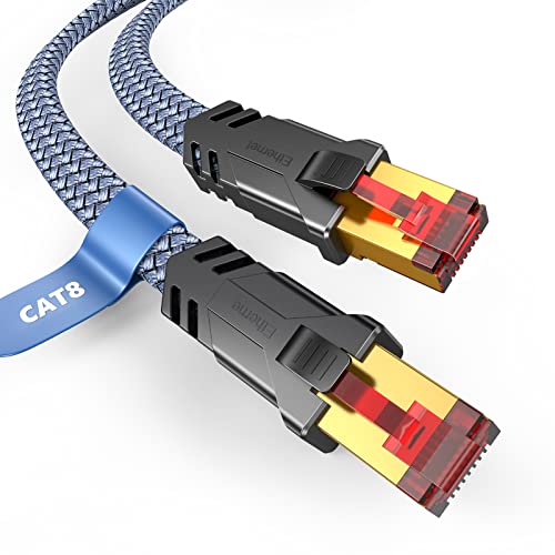 Snowkids Cat 8 Ethernet Cable 50 FT, Flat High Speed 50 FT Ethernet Cable, 40Gbps, 2000Mhz Braided High Duty Long Ethernet Cable, Gold Plated RJ45 Connector for Modem/Router/PS3/4/5/Gaming/PC Grey