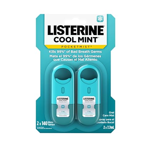 Listerine Cool Mint Pocketmist, Oral Care Mist for Fresh Breath, Non-Aerosol Sugar-Free Bad Breath Refresher Spray to Kill 99% of Bad Breath Germs, Portable, Cool Mint Flavor, 2 x 7.7 mL