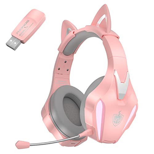 PHOINIKAS Wireless Gaming Headset for PS4 PS5 PC Switch, Wireless 5.8GHz Gaming Headphones with Detachable Noise Canceling Mic, 7.1 Stereo Sound, 3.5mm Wired Mode for Xbox Seires - Pink