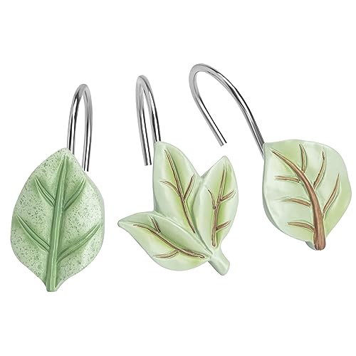 Gibelle 12PCS Leaves Shower Curtain Hooks, Green Plant Leaf Decorative Shower Curtain Hooks Metal Rustproof Cute Eucalyptus Shower Curtain Rings Bathroom Decoration Accessories