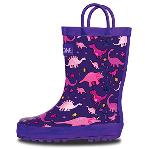 Lone Cone Rain Boots with Easy-On Handles in Fun Patterns for Toddlers and Kids, Pink-O-Saurus Rex, 13 Little Kid