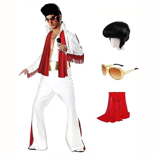 Luming Men's 50s Rock Star Disco Outfit Costume Halloween Costume Adult for Men 5PCS: Jumpsuit Wig Sunglasses Belt Red Scarf