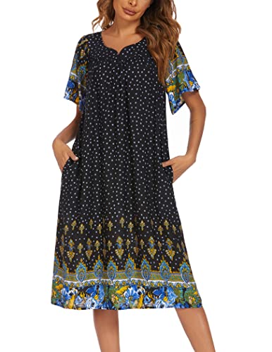 Ekouaer Womens Nightgown Short Sleeve House Dress with Pockets-Floral Print Mumu Dress S-XXXL Black