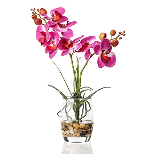 Jusdreen 1 Pcs Glass Vase Artificial Orchid Flower Bonsai Vivid Phalaenopsis Flowers Potting for Home Office Décor, Table Centerpiece Room Decorations 14.5'(Glass Vase/Purple Orchid)