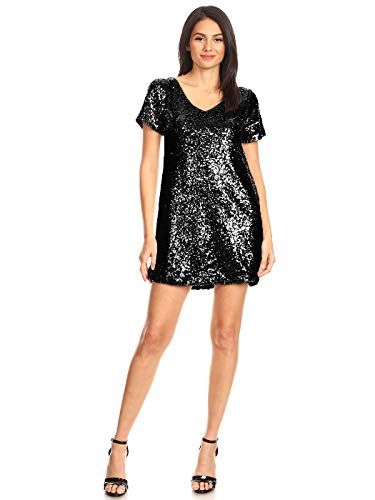 Anna-Kaci Women's Short Sleeve V-Neck Sequin Shift T-Shirt Mini Dress, Balck, X-Large Black