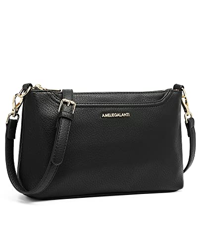 AMELIE GALANTI Small Medium Size Crossbody Bag purse for Women,leather Shoulder handbag with Adjustable Strap (1-Black)