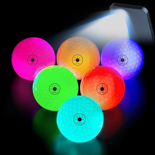 THIODOON Glow in The Dark Golf Balls Light Activated 7 Colors Light Up LED Golf Balls No Timer Stay Lit Easy to Turn On and Off with Flashlight Glowing Golf Balls for Night Golfing 6 Pack