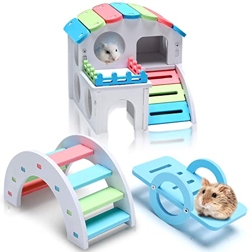 3 Pieces Fun Hamster Toys Guinea Pig Hideout Include PVC Hamster House, Rainbow Bridge, Hamster Seesaw Toy DIY Exercise Play Toys for Small Hamsters (Rainbow Color, Small)