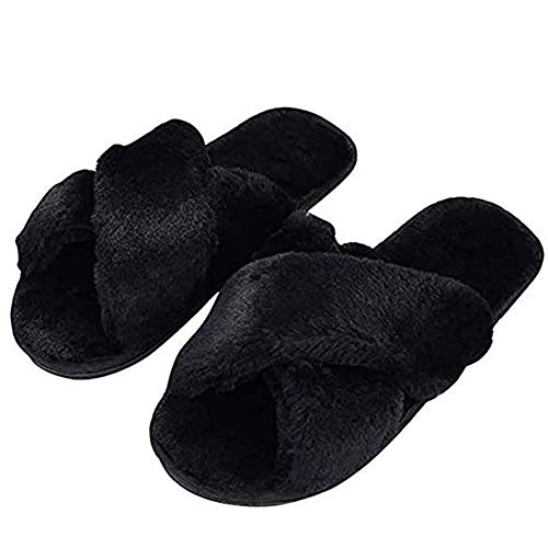 HUMIWA Black Cross Slippers Fuzzy Fluffy Faux Fur House SPA Cute Open Toe Slippers for Women Girl/Women8-8.5 Men7-7.5
