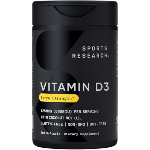 Sports Research Vitamin D3 5000 IU with Coconut MCT Oil - High Potency Vitamin D Supplement for Immune & Bone Support - Non-GMO Verified, Gluten & Soy Free – 125mcg, 360 Liquid Softgels