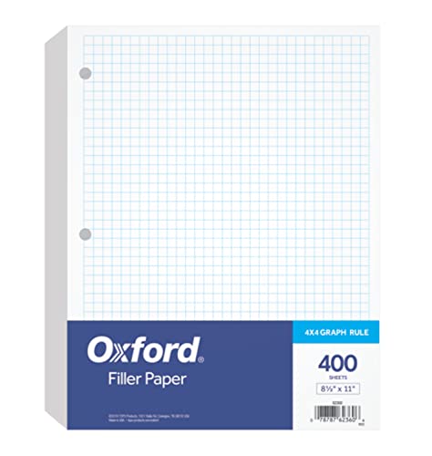 Oxford Filler Paper, 8-1/2' x 11', 4 x 4 Graph Rule, 3-Hole Punched, Loose-Leaf Paper for 3-Ring Binders, 400 Sheets Per Pack (62360),White