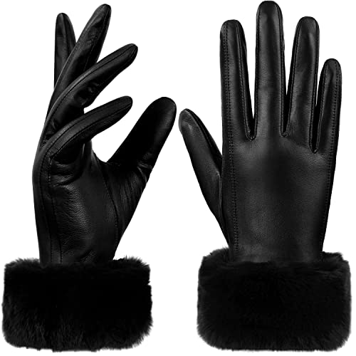 GSG Women Leather Gloves Rabbit Fur Cuff Touchscreen Winter Warm Driving Gloves Black M