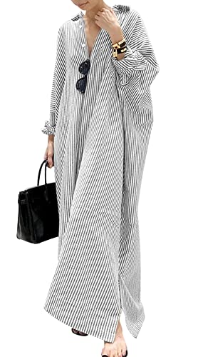 chouyatou Women's Casual Long Sleeve Button Down Loose Striped Cotton Maxi Shirt Dress (Large, Grey)