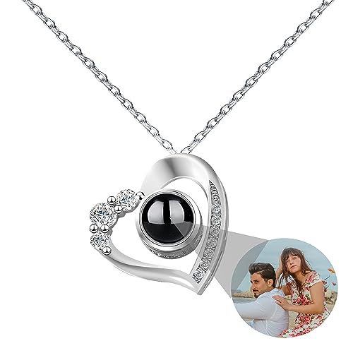 Custom Photo Necklace with Picture Inside, Personalized Heart Photo Necklace, I Love You Necklace 100 Languages Photo Pendant, Picture Projection Necklace for Girlfriend Wife Birthday Anniversary