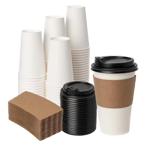 YEEHAW [16 oz 50 pack Coffee Cups with Lids & Sleeves, White Disposable Paper Cups, To Go Hot Cups for Coffee, Hot Liquid, Chocolate, cocoa, Hot Beverage Drinking Cup, Ideal for Cafes, Bistros