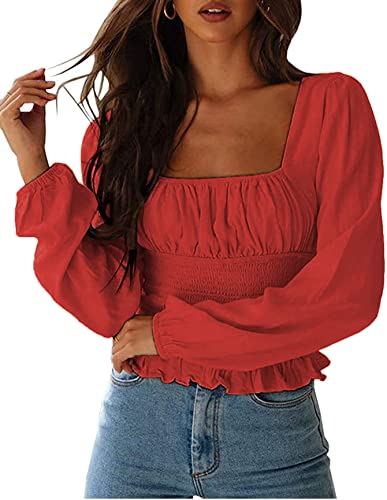 SOFIA'S CHOICE Women's Frill Smock Blouse Square Neck Long Sleeve Ruffle Hem Crop Top Rust Red Ruffle Hem Medium
