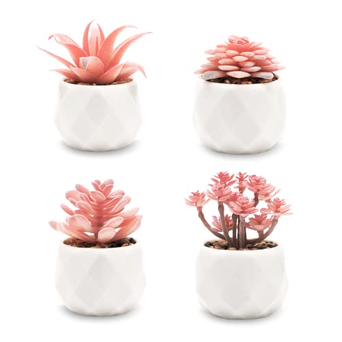 VIVERIE Mini Succulents Plants Artificial in Pots-Rose Pink, Small Fake Succulents Plants for Home Decor Indoor for Women, White Ceramic, Set of 4
