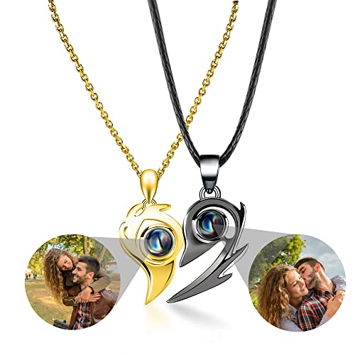AeasyG Personalized Couple Necklaces with Photo Magnetic Matching Love Heart Photo Projection Necklace 925 Silver Gifts for Engagement Wedding Birthday Valentine's Day
