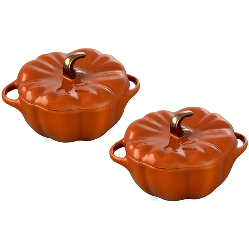 Staub Ceramic 2-pc 16-oz Petite Pumpkin Cocotte Set- Burnt Orange