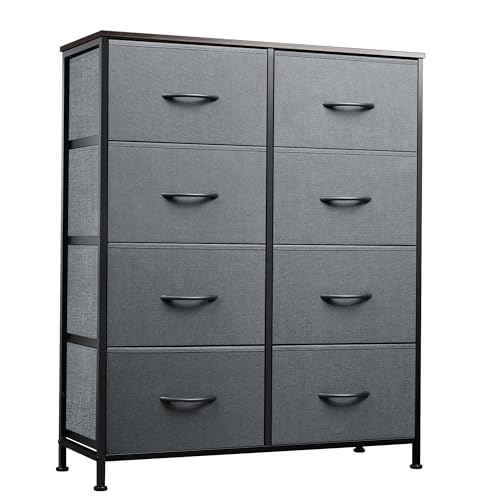 WLIVE Fabric Dresser for Bedroom, Tall Dresser with 8 Drawers, Storage Tower with Fabric Bins, Double Dresser, Chest of Drawers for Closet, Living Room, Hallway, Dark Gray