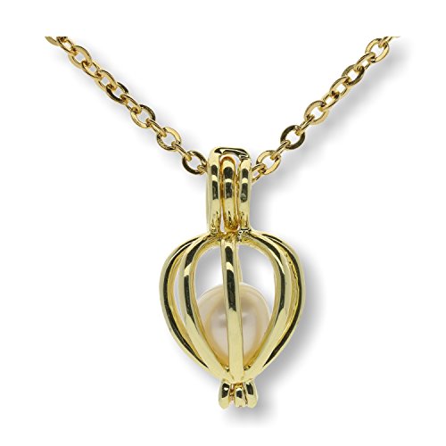 Pearlina Cultured Wish Pearl in Oyster Necklace Set Gold Plated Cage Locket w/ Stainless Steel Chain 18'