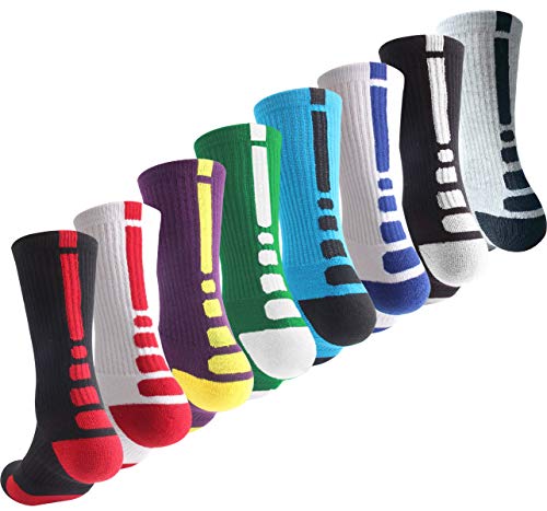 OLCHEE Boys Sock Basketball Soccer Hiking Ski Athletic Outdoor Sports Thick Calf High Elite Crew Sock 8 Pack B, Size M
