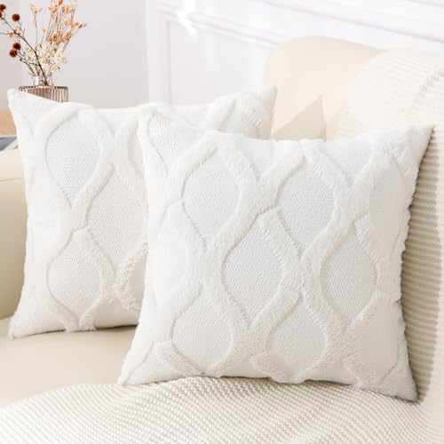 decorUhome Decorative Throw Pillow Covers 18x18 Set of 2, Soft Plush Faux Fur Wool Pillow Covers for Couch Bed Sofa Living Room, Cream White