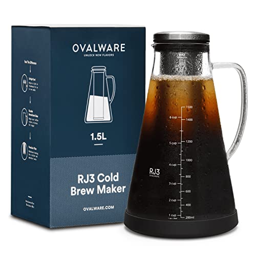 ovalware Airtight Cold Brew Iced Coffee Maker Pitcher (& Iced Tea Maker) with Spout – 1.5L/ 51oz RJ3 Brewing Glass Carafe with Removable Stainless Steel Filter