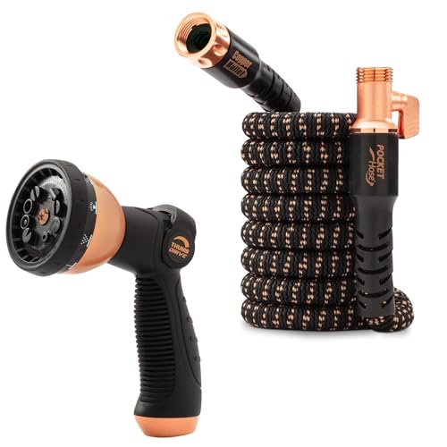 Pocket Hose Copper Bullet Expandable Garden Hose w/10 Pattern Thumb Spray Nozzle AS-SEEN-ON-TV 25 FT 650psi 3/4 in Patented Lead-Free Ultra-Lightweight Solid Copper Anodized Aluminum Fittings No-Kink