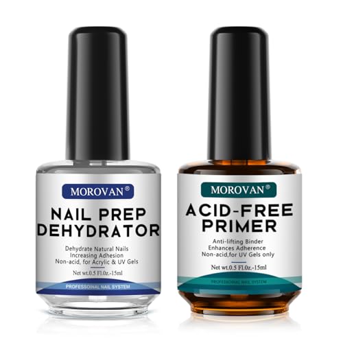 Morovan Professional Natural Nail Prep Dehydrate and Acid-Free Primer, Dehydrator for Acrylic and Gel Nail Polish, Non Acid Primer for UV Gels Fast Dry Superior Bonding Agent Gift Box Set