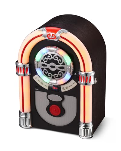 CD Jukebox with Bluetooth, Mini Digital Tabletop Juke Box Speaker Retro Look, Vintage FM Radio Wireless for Home, AUX-in Port and Color Changing LED Lights