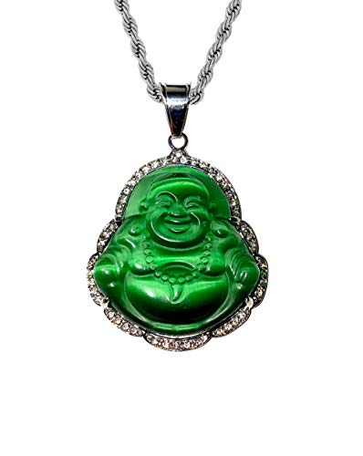 Laughing Buddha Big Green Iced Jade Diamond Pendant Necklace14k Gold Miami Cuban link 6mm Chain Genuine Certified Grade A Jadeite Jade Hand Crafted, Natural Green Obsidian Healing Statue Prayer (24)