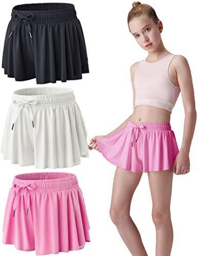 3 Pack Girls Flowy Shorts with Spandex Liner 2-in-1 Youth Butterfly Skirts for Fitness, Running, Sports (Set 2, Youth Medium)
