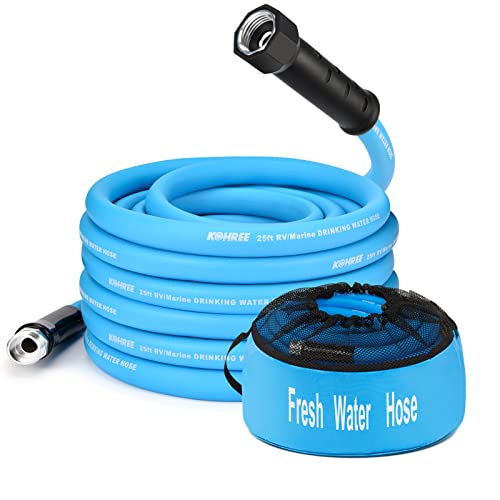 Kohree 25FT RV Water Hose with Storage Bag, 5/8'' Premium Drinking Water Hose, Lead-Free, No Odor, Leak Free, No Kink and Flexible Garden Hose, Ideal RV Accessories for RV, Camper, Truck, Car - Blue