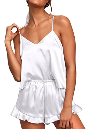 CHYRII Women's Satin Pajamas Women Sexy V Neck Cami Tops Ruffle Shorts Two Piece Pijamas Nightwear White M