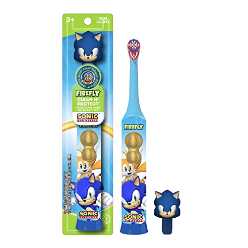 FIREFLY Clean N' Protect, Sonic The Hedgehog Toothbrush with 3D hygienic Cover, Premium Soft Bristles, Anti-Slip Grip Handle, Battery Included, Ages 3+, 3 Piece Set (Pack of 1)