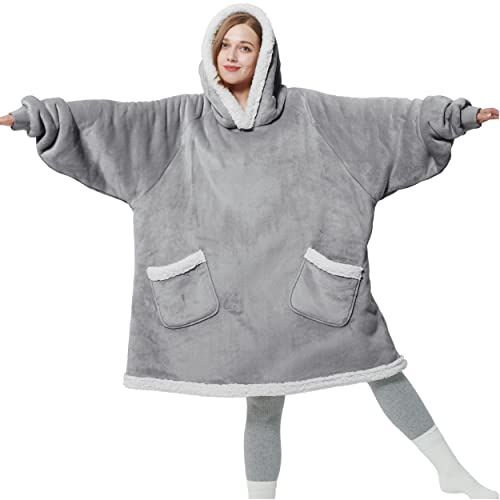 Bedsure Wearable Blanket Hoodie with Sleeves - Sherpa Hooded Blanket Adult as Gifts for Mom Women Girlfriend, Winter Sweatshirt Blanket Standard Grey